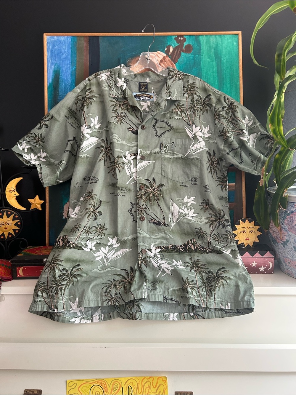 Y2K Palmwave Hawaii 2XL Hawaiian Shirt Palm Tree Map Aloha Button Up